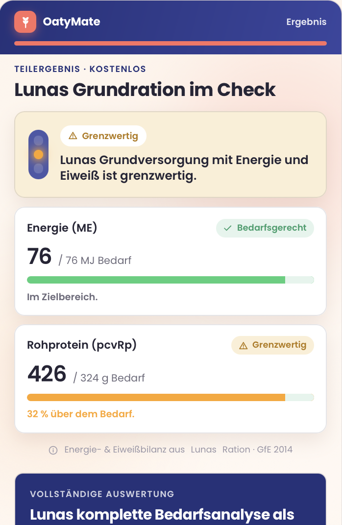 OatyMate-Ergebnis: Lunas Grundration im Check — Energie bedarfsgerecht, Rohprotein 32 % über Bedarf, mit Ampel.